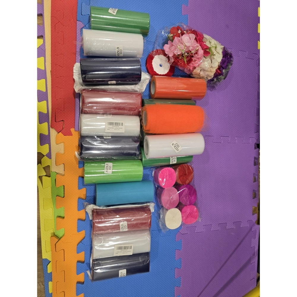 17 Rolls Tulle 6"x25Y Lot + 6 Streamers Ribbon Flowers Crafting Party Decor